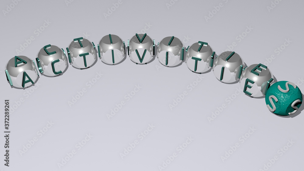 activities curved text of cubic dice letters, 3D illustration for activity and background activities curved text of cubic dice letters, 3D illustration for activity and background
