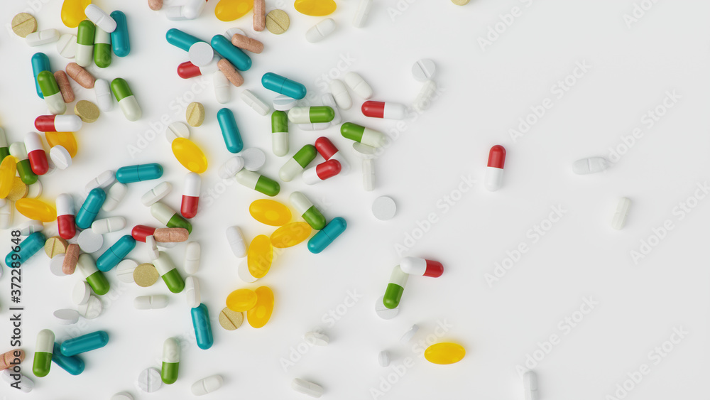 Many different colored tablets, capsules isolate on white background. Health care concept. Antibiotics inside pills, vitamins. Goods from pharmacy. Pharmaceutical company, industry, 3d illustration Many different colored tablets, capsules isolate on white background. Health care concept. Antibiotics inside pills, vitamins. Goods from pharmacy. Pharmaceutical company, industry, 3d illustration