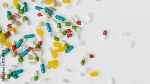 Many different colored tablets, capsules isolate on white background. Health care concept. Antibiotics inside pills, vitamins. Goods from pharmacy. Pharmaceutical company, industry, 3d illustration