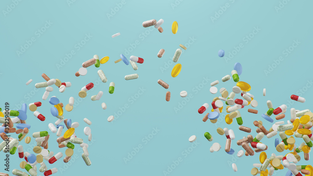 Flying, falling pills. different colored tablets, capsules. Health care concept. Antibiotics inside pills, vitamins. Product from pharmacy. Pharmaceutical company, industry, 3d illustration