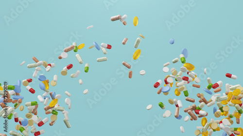 Flying, falling pills. different colored tablets, capsules. Health care concept. Antibiotics inside pills, vitamins. Product from pharmacy. Pharmaceutical company, industry, 3d illustration