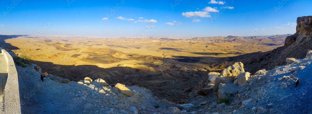 Panoramic view of cliffs and landscape in Makhtesh (crater) Ramon