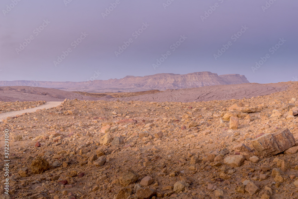 Blue hour with footpath and Mount Ardon, Makhtesh (crater) Ramon