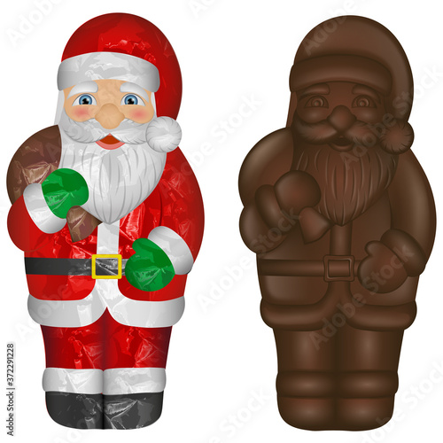 isolated chocolate santa claus and wrapped chocolate santa claus illustration