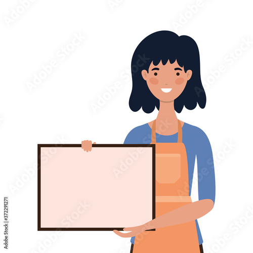 saleswoman cartoon with apron and banner design of Shopping commerce and market theme Vector illustration