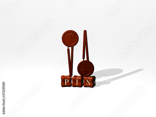 PIN 3D icon object on text of cubic letters, 3D illustration for map and background