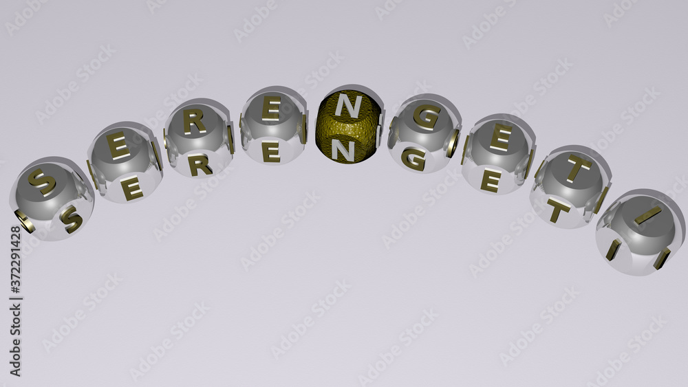 serengeti curved text of cubic dice letters, 3D illustration for tanzania and africa serengeti curved text of cubic dice letters, 3D illustration for tanzania and africa