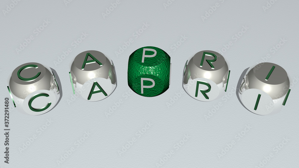 CAPRI curved text of cubic dice letters, 3D illustration for italy and island CAPRI curved text of cubic dice letters, 3D illustration for italy and island
