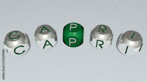 CAPRI curved text of cubic dice letters, 3D illustration for italy and island