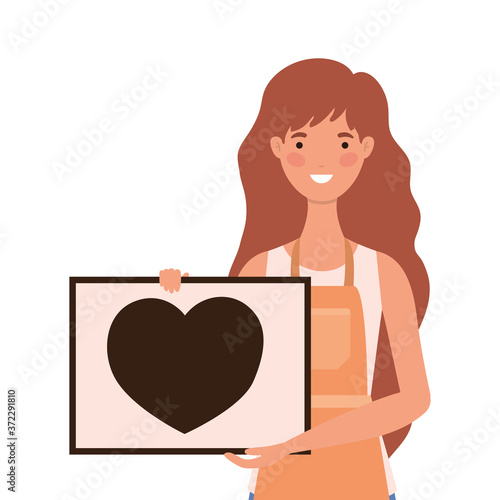 saleswoman cartoon with apron and banner with heart design of Shopping commerce and market theme Vector illustration