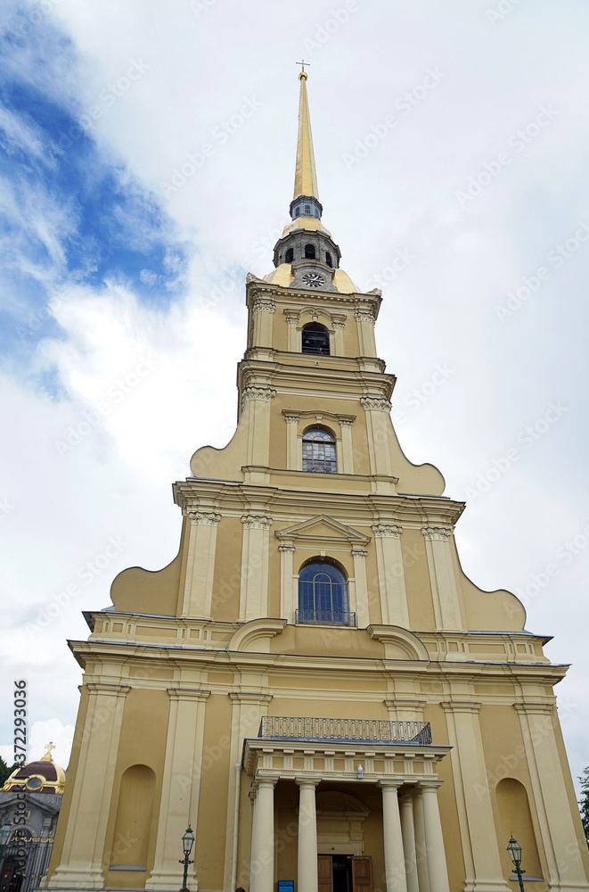 Tower of Peter and Paul Cathedral from below against the sky Tower of Peter and Paul Cathedral from below against the sky