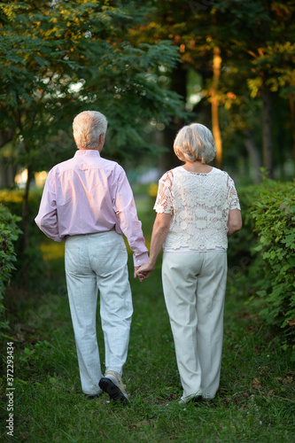 Senior woman and man in park. Back view