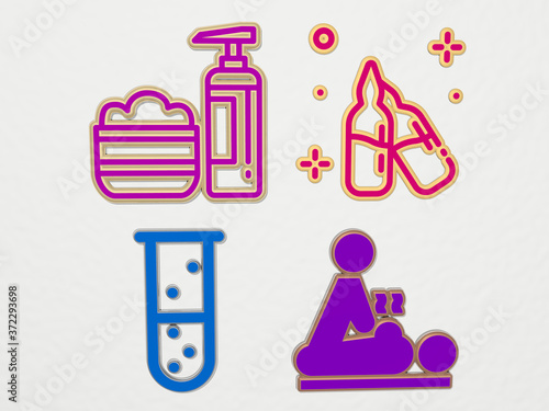 TREATMENT 4 icons set, 3D illustration for care and background photo