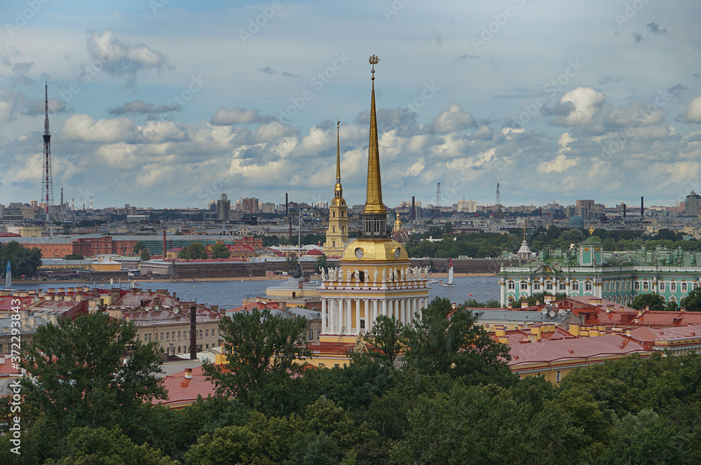 View from the height of St. Isaac's Cathedral in St. Petersburg to the beautiful sights below in the distance