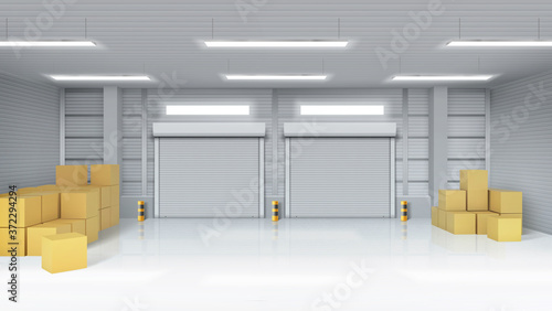 Warehouse interior with closed gates and cardboard boxes. Vector realistic illustration of empty storage room in store, factory or workshop with rolling shutter on doors