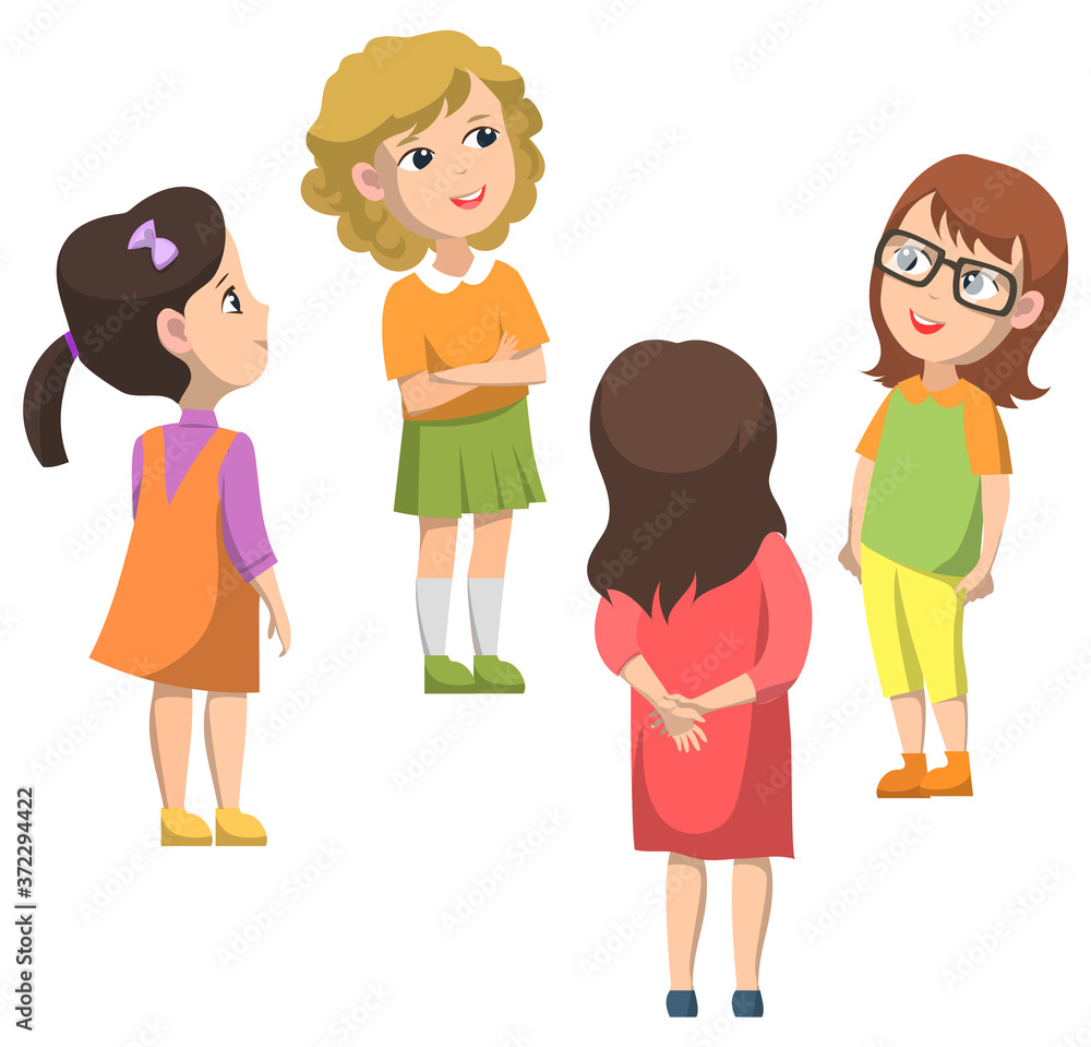 Schoolchildren standing in circle and talking. Boy in glasses smiling. Blonde and brunette girls together. Schoolgirls in dresses or shirts. Back to school concept. Flat cartoon vector illustration