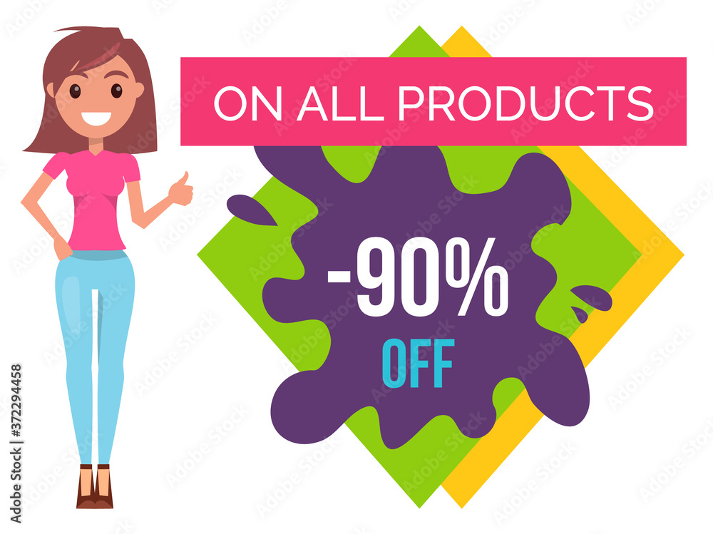 Young smiling girl on high heels stands and shows thumbs up. Bright advertising of sales and discounts on all products. Discounts promotions. Woman in casual clothes in different poses. Vector image Young smiling girl on high heels stands and shows thumbs up. Bright advertising of sales and discounts on all products. Discounts promotions. Woman in casual clothes in different poses. Vector image
