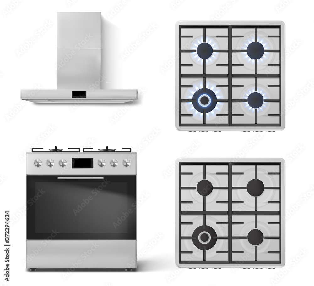 Gas stove with oven and cooker hood in front view isolated on white