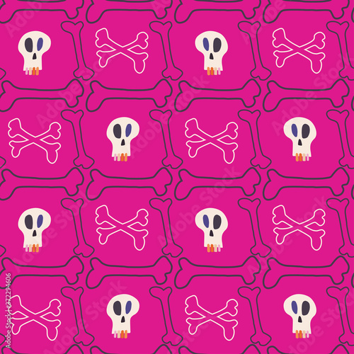 Seamless vector colorful pattern with bones in square cages and skulls on pink