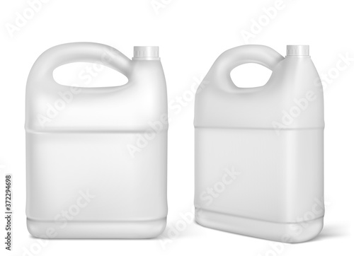 Plastic canisters, white jerrycan bottles isolated on white background. Engine oil, car lubricant or gasoline additive blank container. Detergent product design element, realistic 3d vector mockup