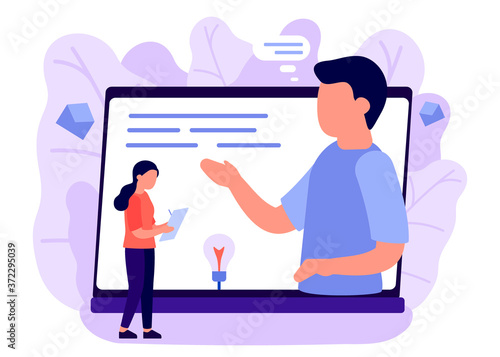 Online consultation of people on a laptop on internet. Video communication on business issues. The assistant records information, secretary. Vector illustration