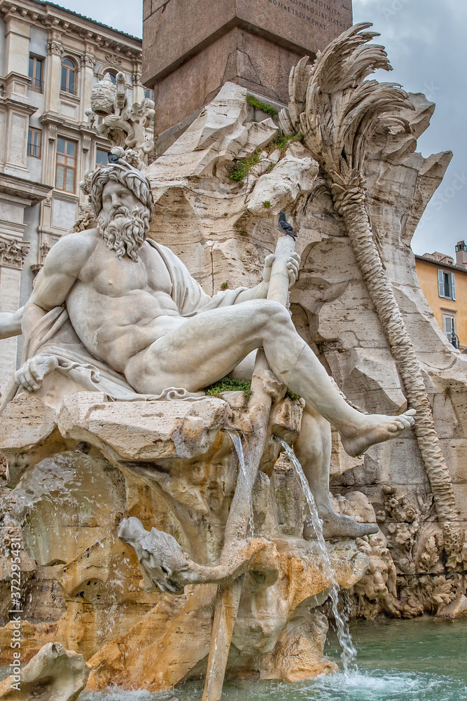 Four Rivers fountain on the Piazza Navona in Rome. Detail of the Fountain of the Four Rivers, marble fountain by Gian Lorenzo Bernini, 1648-51; Piazza Navona, Rome, Italy