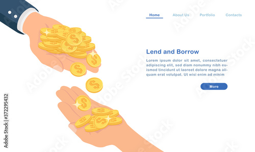 Website landing page template cartoon lend and borrow money concept golden coins and people hands