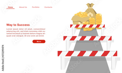Website landing page template cartoon way to success hurdle on the way to wealth.