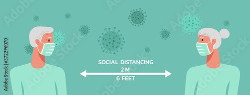 senior woman and man character wearing surgical or medical face mask maintain social distancing to prevent virus spreading and flu prevention, coronavirus, social isolation, self quarantine