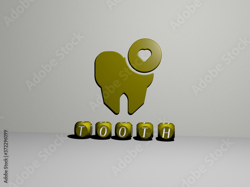 TOOTH 3D icon on the wall and text of cubic alphabets on the floor, 3D illustration for dental and care photo