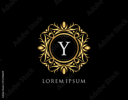 Gold Badge Y Letter Logo. Luxury calligraphic vintage emblem with beautiful classy floral ornament. Vintage Frame design Vector illustration.