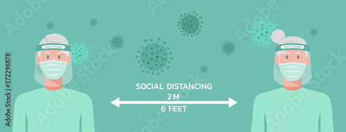 old woman and man character with surgical mask and face shield maintain social distancing to prevent virus spreading, flu prevention, coronavirus, social isolation, self quarantine, new normal concept