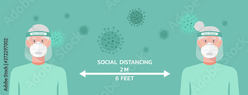 old woman and man character with n95 mask and face shield maintain social distancing to prevent virus spreading, flu prevention, coronavirus, social isolation, self quarantine, new normal concept