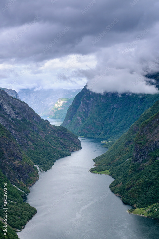 View high on top of beautiful Norwegian fjord, the Sognefjord.