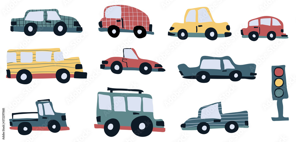 Cars and traffic light vector clipart illustration set hand drawn in childish style