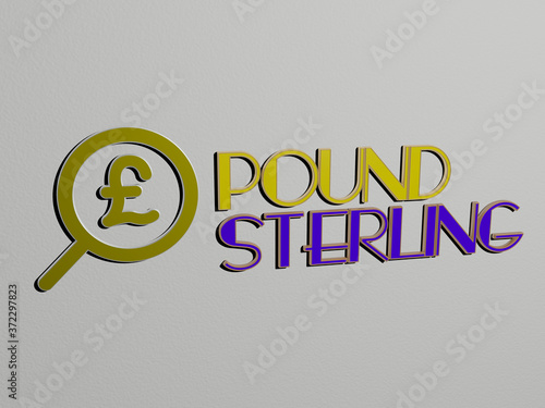 3D representation of POUND STERLING with icon on the wall and text arranged by metallic cubic letters on a mirror floor for concept meaning and slideshow presentation for illustration and currency