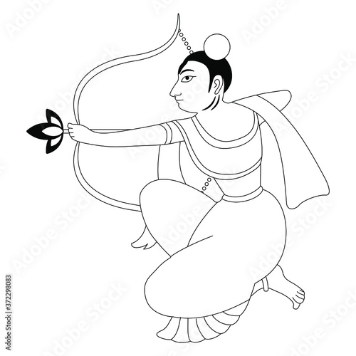 Indian god of love Kama shooting bow. Hindu mythology. Black and white linear silhouette.