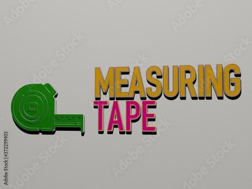 3D illustration of MEASURING TAPE graphics and text made by metallic dice letters for the related meanings of the concept and presentations for background and equipment