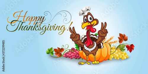 Fototapeta Naklejka Na Ścianę i Meble -  Cheerful turkey with Happy Thanksgiving Day inscription.
