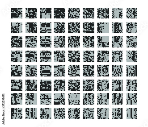 Set of seamless pattern with random pixel noise, concept of steganography. Futuristic hi-tech cyberpunk aesthetics.