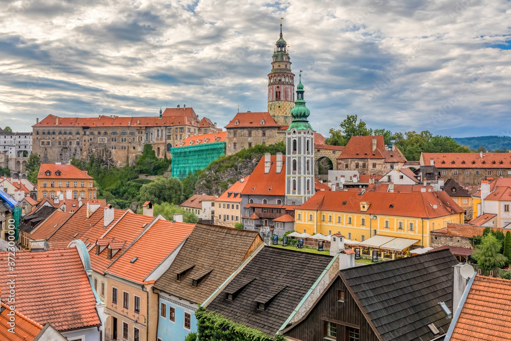 Top view over the old Town of Cesky Krumlov, Czech Republic. UNESCO World Heritage Site.Europe Top view over the old Town of Cesky Krumlov, Czech Republic. UNESCO World Heritage Site.Europe