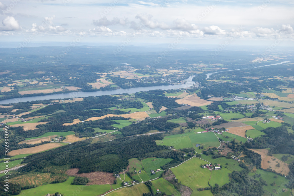 Aerial view of the green landscape in Norway