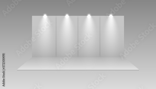 Exhibition white empty vector booth.  Presentation event room display. Vector mockup. 3D exhibition booth. 