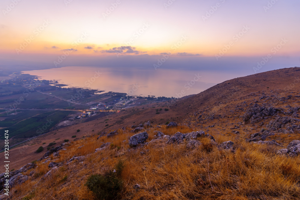 Sunrise view of the Sea of Galilee, from mount Arbel