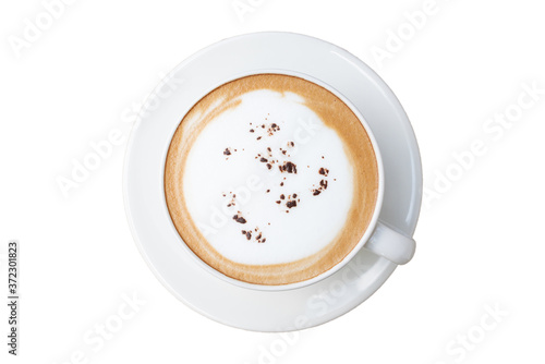 Top view Coffee with foam milk on cup isolated white background