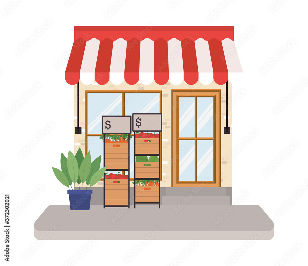 store with tent and vegetables inside boxes on shelves design of Shop supermarket and market theme Vector illustration