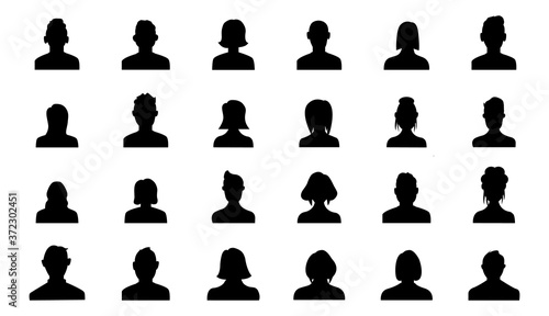 Silhouette head, avatar face, person icon people. Male and female profile. Vector illustration set