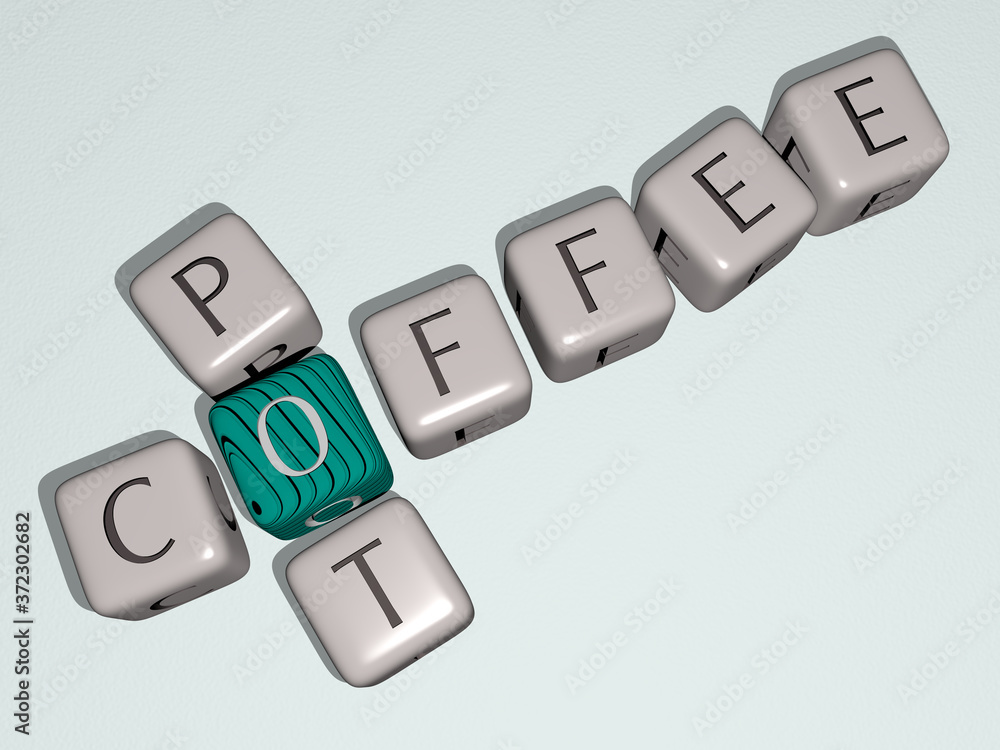 coffee pot crossword by cubic dice letters, 3D illustration for background and cup coffee pot crossword by cubic dice letters, 3D illustration for background and cup