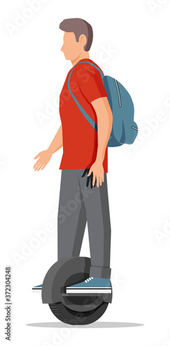 Guy on monocycle wheel. Man with backpack riding electric self balancing scooter. Hipster character uses modern urban transport. Ecological, convenient city transportation. Flat vector illustration