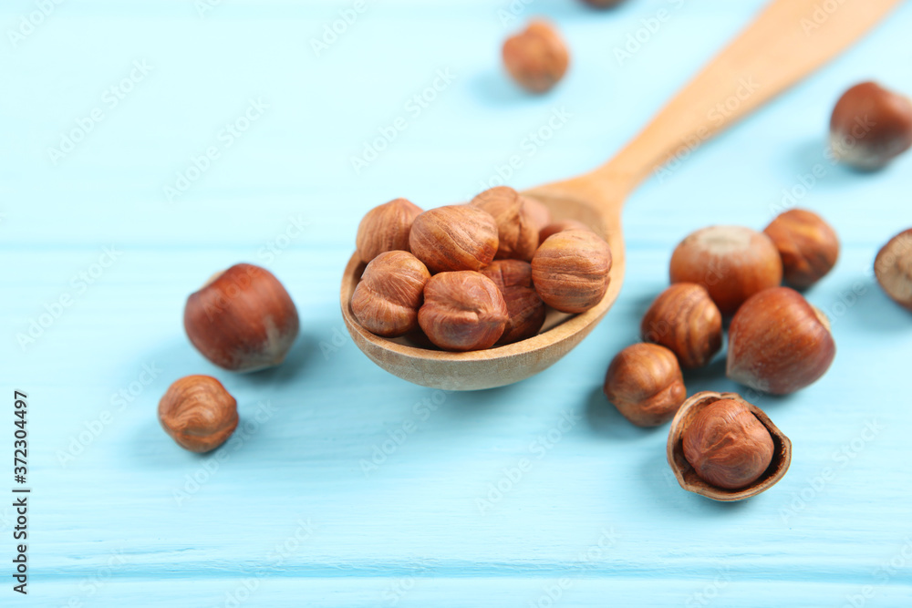 Fototapeta premium hazelnuts close-up on the table. Minimalism, place for text 